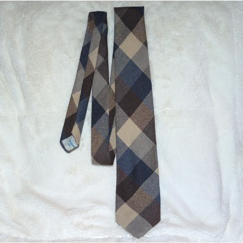 Yves Saint Laurent Designer Plaid Woven Men's Tie Brown Tan Blue Gray vintage